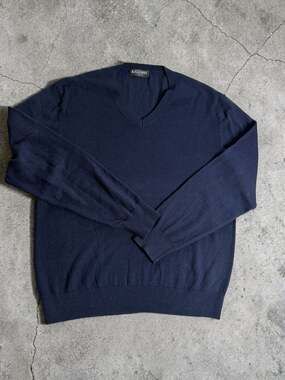 Kallspin Navy Blue V-Neck Cashmere Wool Blend Sweater Size L